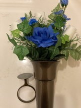 Crypt Mausoleum Vase w/ Silk Rose &amp; Delphinium Flowers w/ Disc Base Ring Support - £83.97 GBP