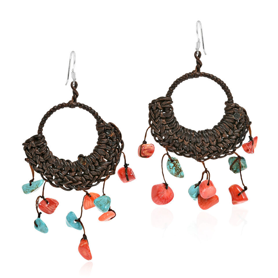 Primary image for Turquoise-Coral Chandelier Hoop Dangle Silver Earrings