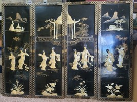 VTG Chinese Asian 4 Panels  Wall Decor Mother Pearl Type Oriental Black ... - £203.08 GBP