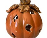 Ceramic Pumpkin with Leaf Shaped Carvings on Top Tealight Holder - £12.81 GBP