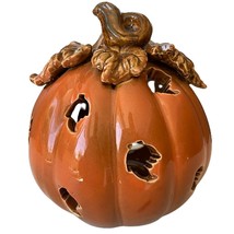 Ceramic Pumpkin with Leaf Shaped Carvings on Top Tealight Holder - £12.74 GBP