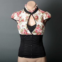 Juniors Floral Black Blouse High Collar Padded Ruched Rhinestone Button ... - $27.41 CAD