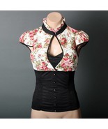 Juniors Floral Black Blouse High Collar Padded Ruched Rhinestone Button ... - $27.41 CAD