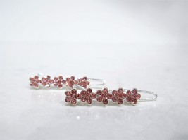 Two small tiny pink flower crystal hair pin clip barrettes fine hair - $11.95