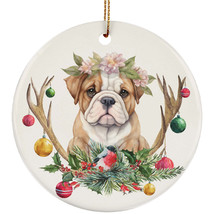 Funny English Bulldog Puppy Dog Deer Anlters Christmas Ornament Ceramic Gift - £11.86 GBP