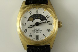 Vintage Jewelry SARAH COVENTRY Quartz Watch Calendar Date Black Leather Band - £16.88 GBP