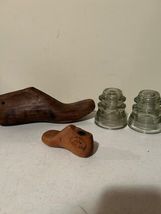 Collectible Lot of Wood bobbins, shoe forms,i nsulators, crock, more image 3