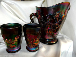 Fenton Art Glass Black Carnival Pineapple 3pc Water Set Pitcher Tumblers USA - £235.07 GBP