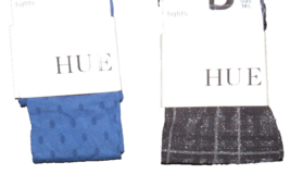 Hue 2 Pair Tights Women&#39;s M-L, Black Shimmery Plaid, Blue Dot - £15.74 GBP