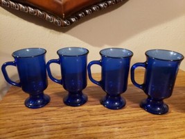 Vintage Set 4 Cobalt Blue Glass Coffee Irish Mugs Footed 5 x 3" - $17.99