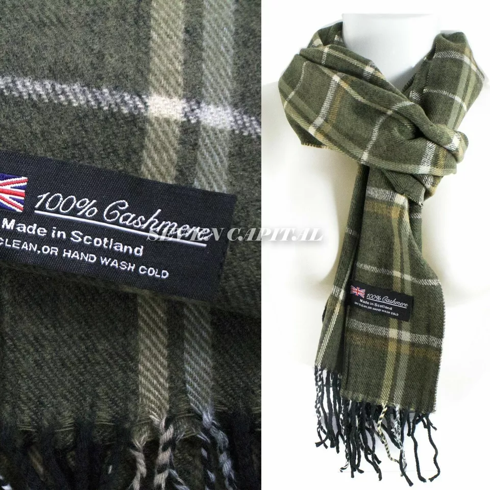 1 Olive Green Black Plaid Scarf 100% Cashmere Scotland Super Soft - $23.00