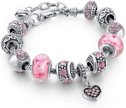 Pink Hearts Silver Plated Charm Bracelet Set, Jewelry Gifts with Beads, Charms,  - £7.39 GBP