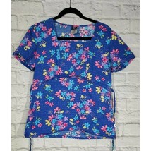Cherokee Studio Scrub Top Size S Womens Blue Floral Short Sleeve Square ... - £11.69 GBP