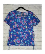 Cherokee Studio Scrub Top Size S Womens Blue Floral Short Sleeve Square ... - £11.77 GBP