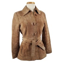 K-Mart Vintage Suede Leather Jacket Size 12 Brown Belt Toggle Buttons Li... - $40.99