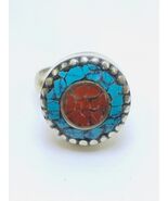 Boho Tibetan Brass Ring with Turquoise and Coral Inlay – Handmade Ethnic... - $50.00