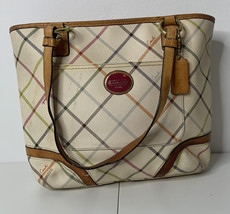 Coach leather beige plaid patterned Logo hand bag purse K7 - £46.19 GBP