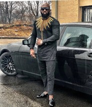 Embroidered Black and Gold Men&#39;s Long Sleeve Shirt and Pants African Clo... - $85.00+