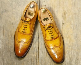 New Men&#39;s Handmade Tan Wing Tip Brogue Leather Lace Up Shoes, Men Design... - £115.92 GBP+