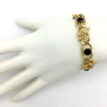 RHINESTONE &amp; faux pearl flower panel bracelet - vtg gold &amp; black w/ safe... - £19.67 GBP