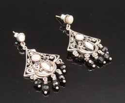 925 Silver - Vintage Mother Of Pearl &amp; Spinel Beads Scroll Earrings - EG11745 - £32.92 GBP