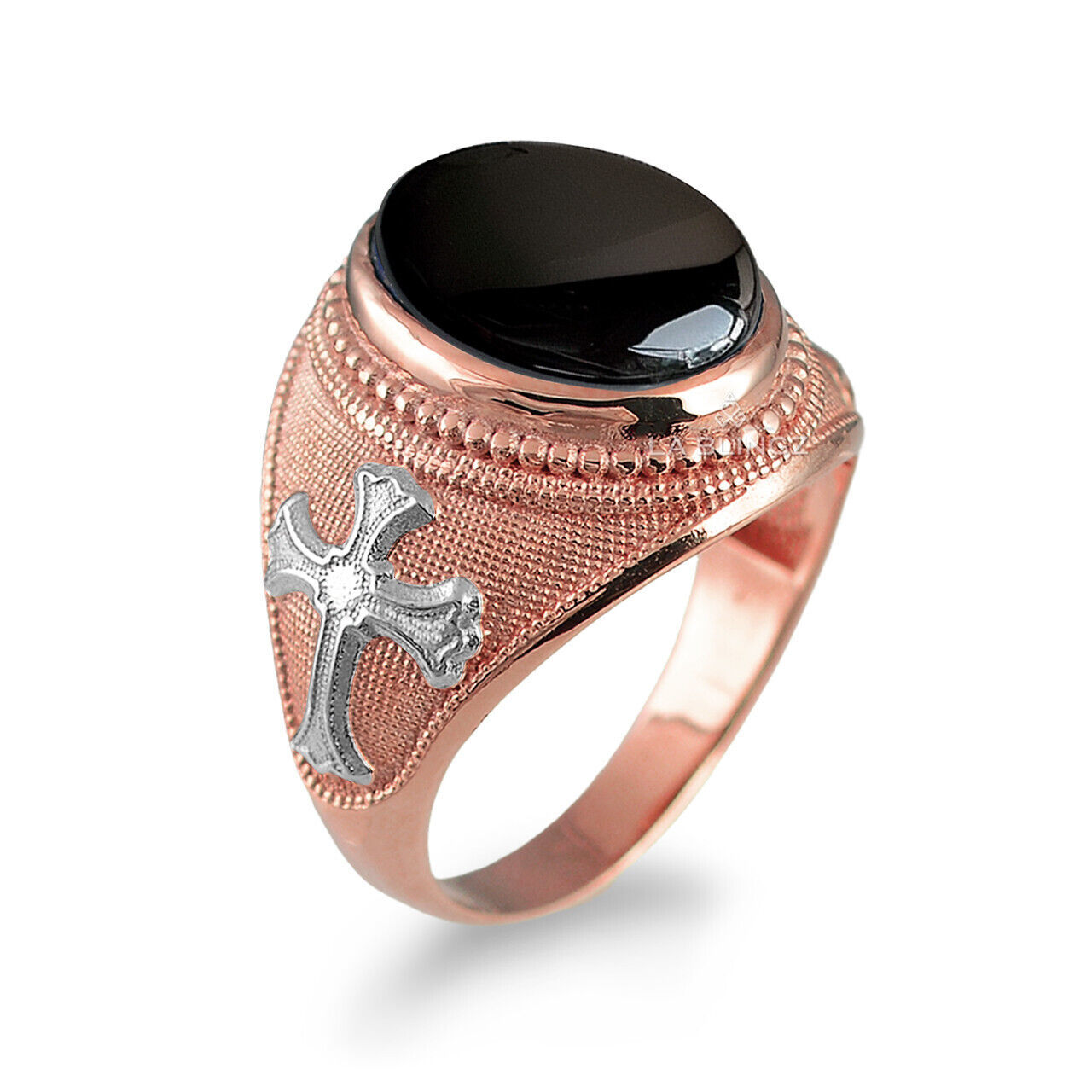 10K Gold Fleur-de-Lis Cross Black Onyx Oval Gemstone Ring Item image 6