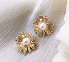 Statement Gold firework Burst Stud Earrings with Pearl – Bold &amp; Glamorous New - $11.64