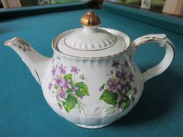 Ellgreave Ironstone Lidded Teapot Purple Floral Gold Touches, c1970&#39;s Original - $46.05