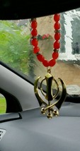 Gold Plated Punjabi Sikh Singh Large Khanda Pendant Car Hanging Red Bead... - £11.74 GBP