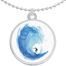 Watercolor Wave Surf Ocean Round Pendant Necklace Beautiful Fashion Jewelry - £8.60 GBP