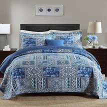 Cotton Bedspread Quilt Sets-Reversible Patchwork Coverlet Set, Blue Classic Bohe - £118.36 GBP