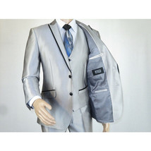 Men Tuxedo Formal Suit ROYAL DIAMOND Slim Fit 3Pc Vested shiny Satin SL82 Silver image 3
