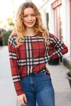 Perfectly You Red Plaid Boat Neck Long Sleeve Top - £14.06 GBP