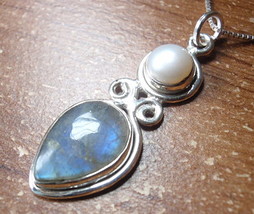 Labradorite and Cultured Pearl 925 Sterling Silver Necklace Corona Sun Jewelry - £14.82 GBP