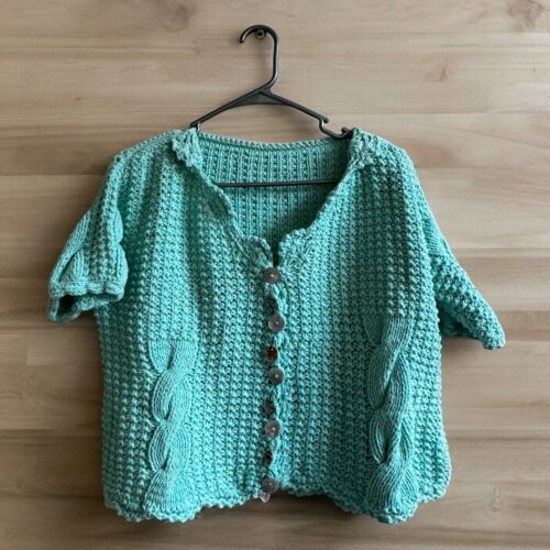 Primary image for Vtg Handmade Seafoam Women’s L Chunky Knitted Sweater Cardigan Crochet Cropped