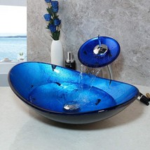 Bathroom Vanity Blue&amp;Black Oval Tempered Glass Basin Bowl, Chrome Mixer Tap - £129.84 GBP