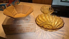 Vintage Hazelware  Atlas Swirl Amber 3 Piece Glass Chip and Dip Set New ... - £31.31 GBP