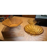 Vintage Hazelware  Atlas Swirl Amber 3 Piece Glass Chip and Dip Set New ... - £31.27 GBP