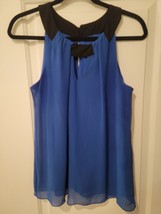 IZ  Byer Womens Blouse Royal Blue W/Black Trim Sleeveless Fully Lined Sheer - £9.71 GBP