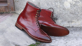Handmade Men&#39;s Burgundy Leather Split Toe Boots, Men Ankle High Fashion Boots - £127.88 GBP