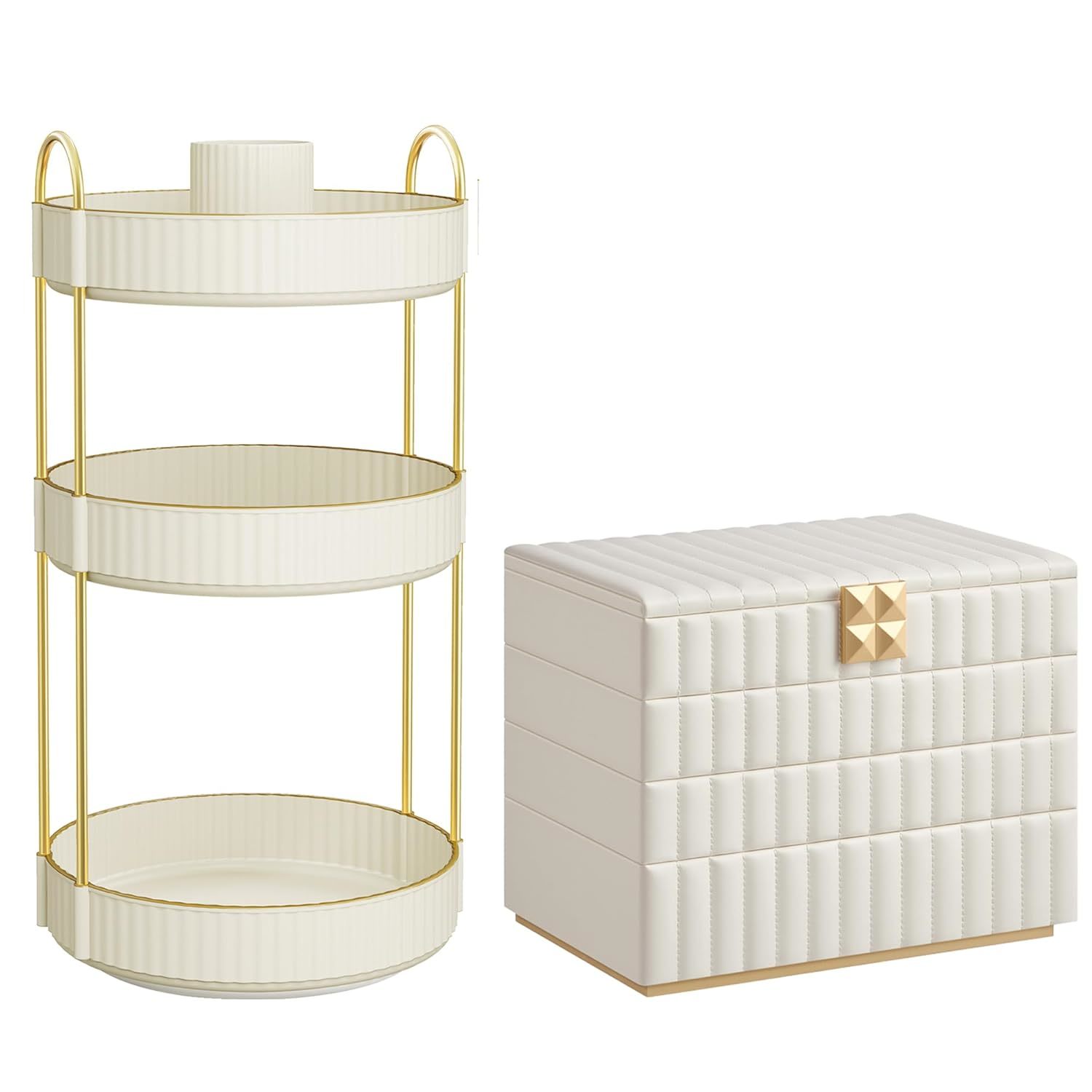 Makeup Organizer And Stackable Jewelry Box With Mirror Bundle, Customizable, Pu