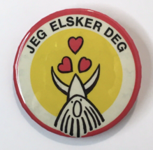 Jeg Elsker Deg Viking I Love You Norwegian Button Pin 2.25&quot; Vintage - £12.55 GBP