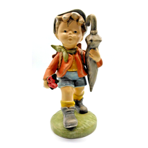Large Boy Figurine with Umbrella, Flowers, Backpack - 10&quot; Ceramic - Ador... - $11.87