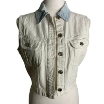 Vintage 90s Tangibles Denim Vest M White Button Up Pockets Cropped Cotton - $32.55