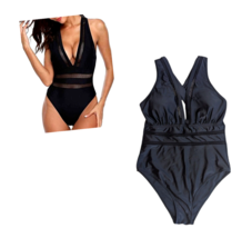 Tempt Me Women Black Plunge V-Neck One Piece Bathing Suit Size Large - £15.90 GBP