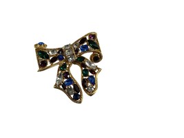 Vintage Gold Tone Bow Brooch Pin Red Green Blue Rhinestones 2 5/8&quot; X 2.75&quot; - £58.33 GBP