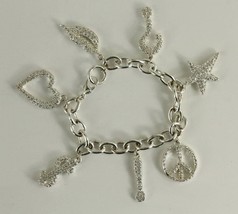 Modern Costume Jewelry Silver Tone Rhinestone Charm Bracelet Lips Heart Star 8&quot; - £11.27 GBP
