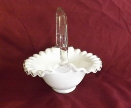 Fenton Basket Vintage Milk White Crimped Edge Silver Crest Medium Size - £20.02 GBP