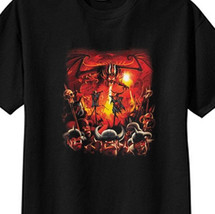 Dragon Inferno, Fire Breathing Dragon Attacking Orcs Fantasy T-Shirt MED... - $14.48