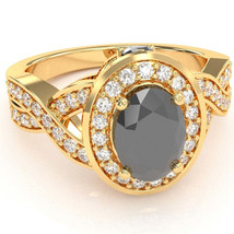 Three Stone Black Onyx Diamond Peekaboo Halo Engagement Ring In 14k Yellow Gold - £638.68 GBP